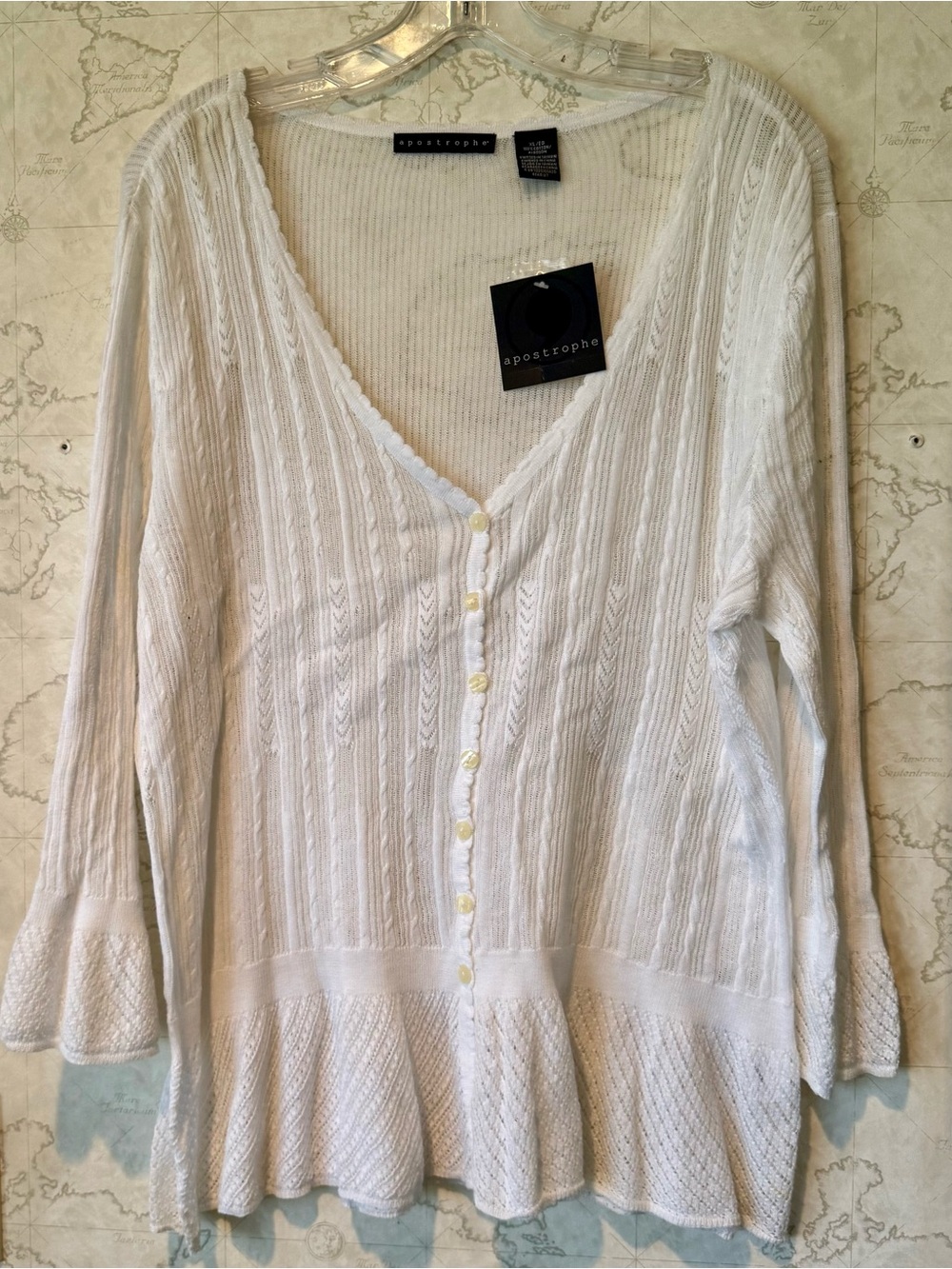 Apostrophe White V-Neck Button-Front Knit Sweater
